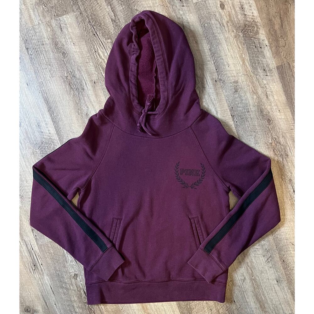 Victoria's Secret PINK Burgundy Pullover Hoodie w/Black Stripes on Sleeves Sz M